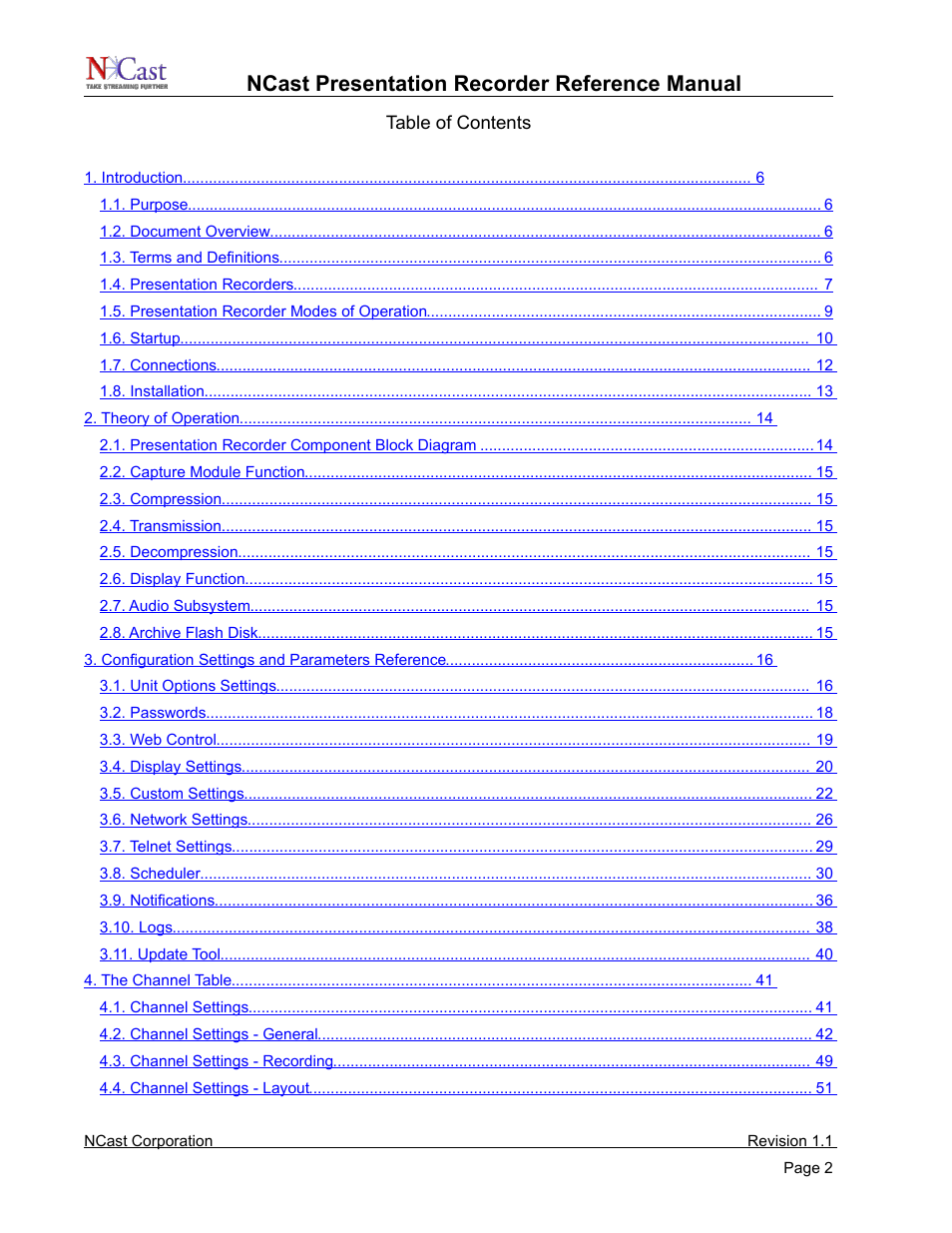 Ncast presentation recorder reference manual | NCast PR720 User Manual | Page 2 / 103