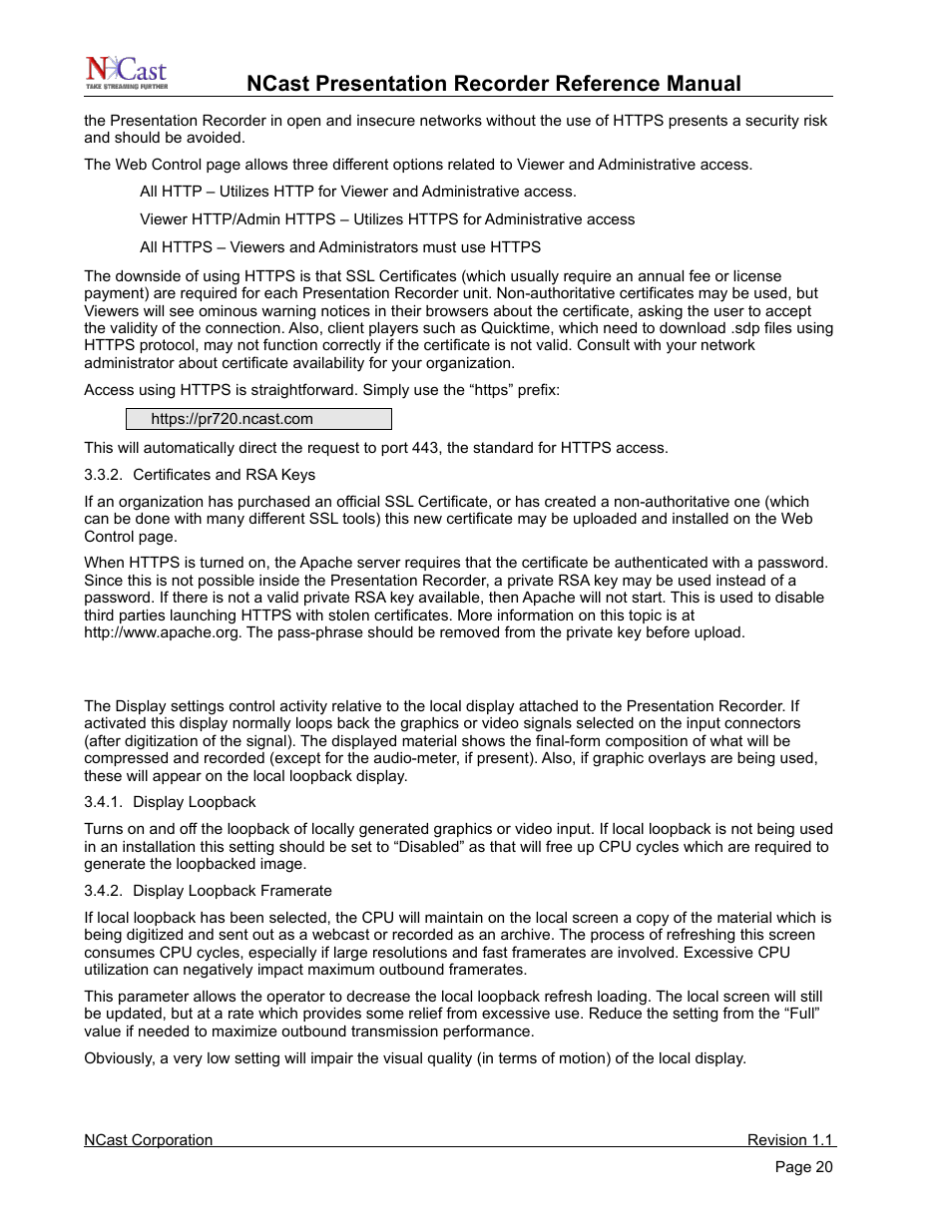 Display settings, Ncast presentation recorder reference manual | NCast PR720 User Manual | Page 20 / 103