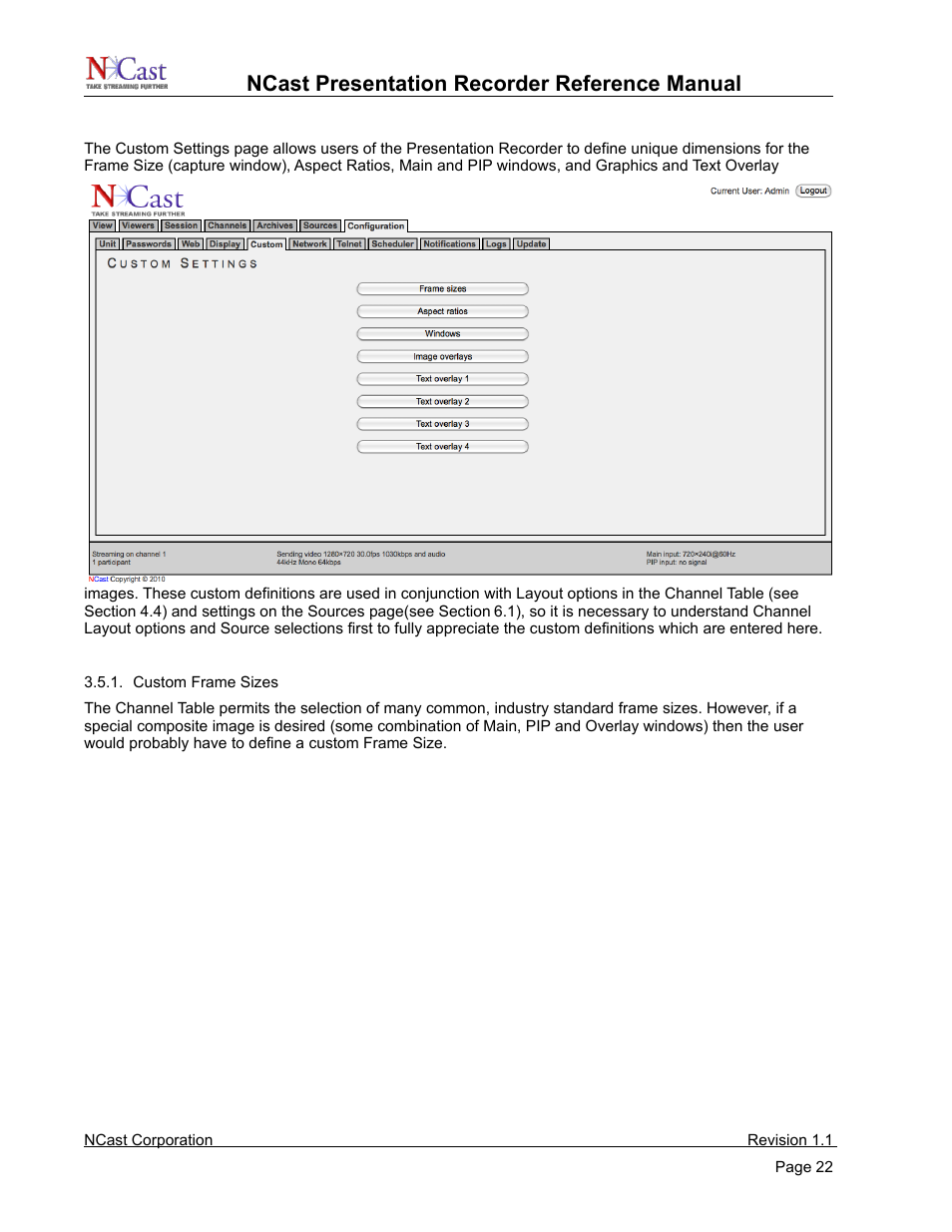 Custom settings, Ncast presentation recorder reference manual | NCast PR720 User Manual | Page 22 / 103