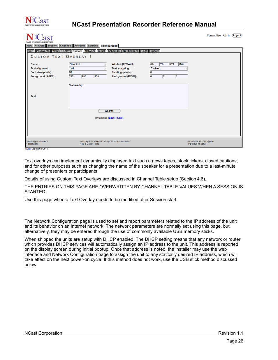 Network settings, Ncast presentation recorder reference manual | NCast PR720 User Manual | Page 26 / 103