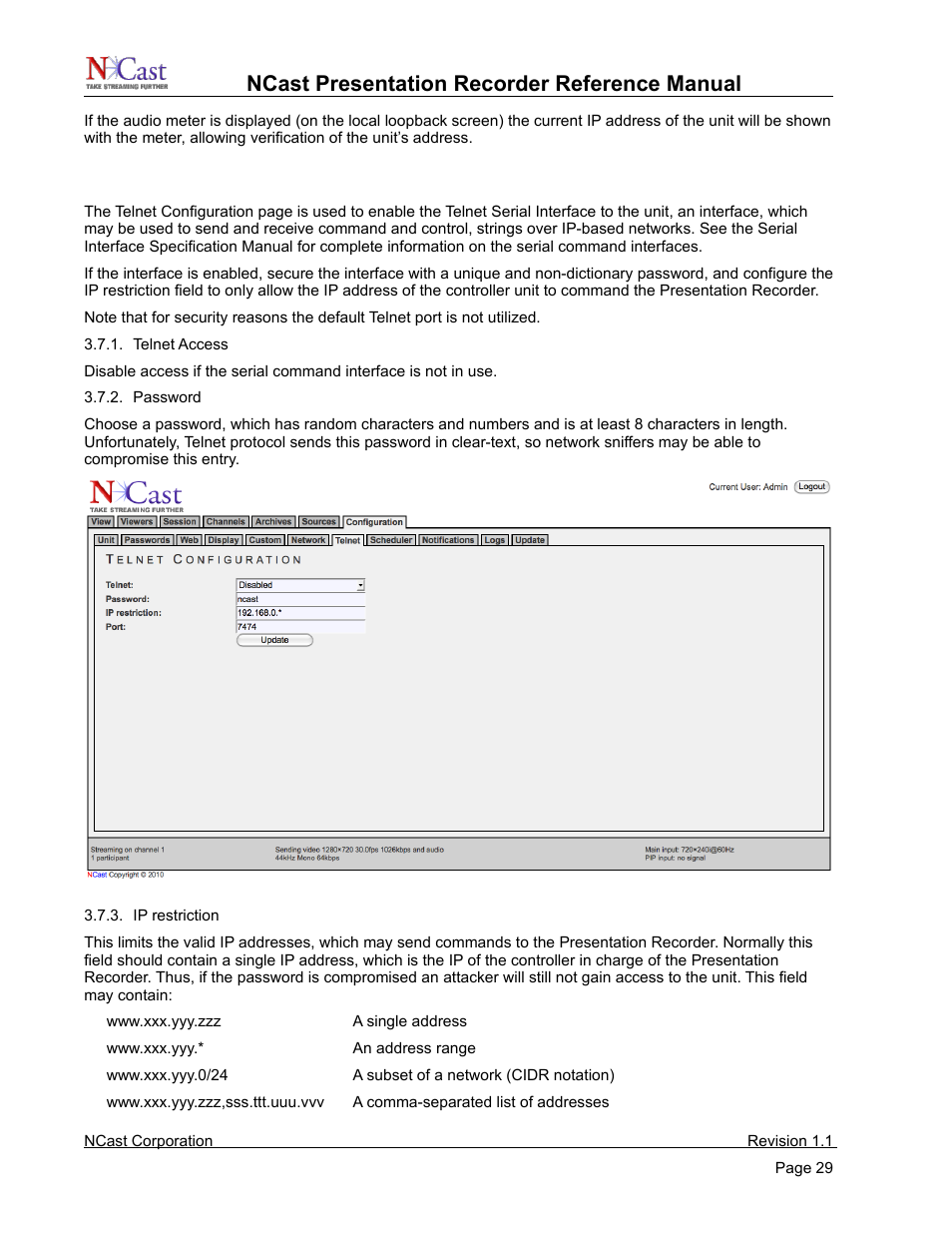 Telnet settings, Ncast presentation recorder reference manual | NCast PR720 User Manual | Page 29 / 103