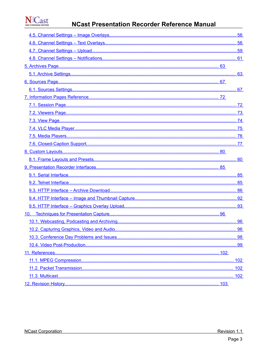 Ncast presentation recorder reference manual | NCast PR720 User Manual | Page 3 / 103