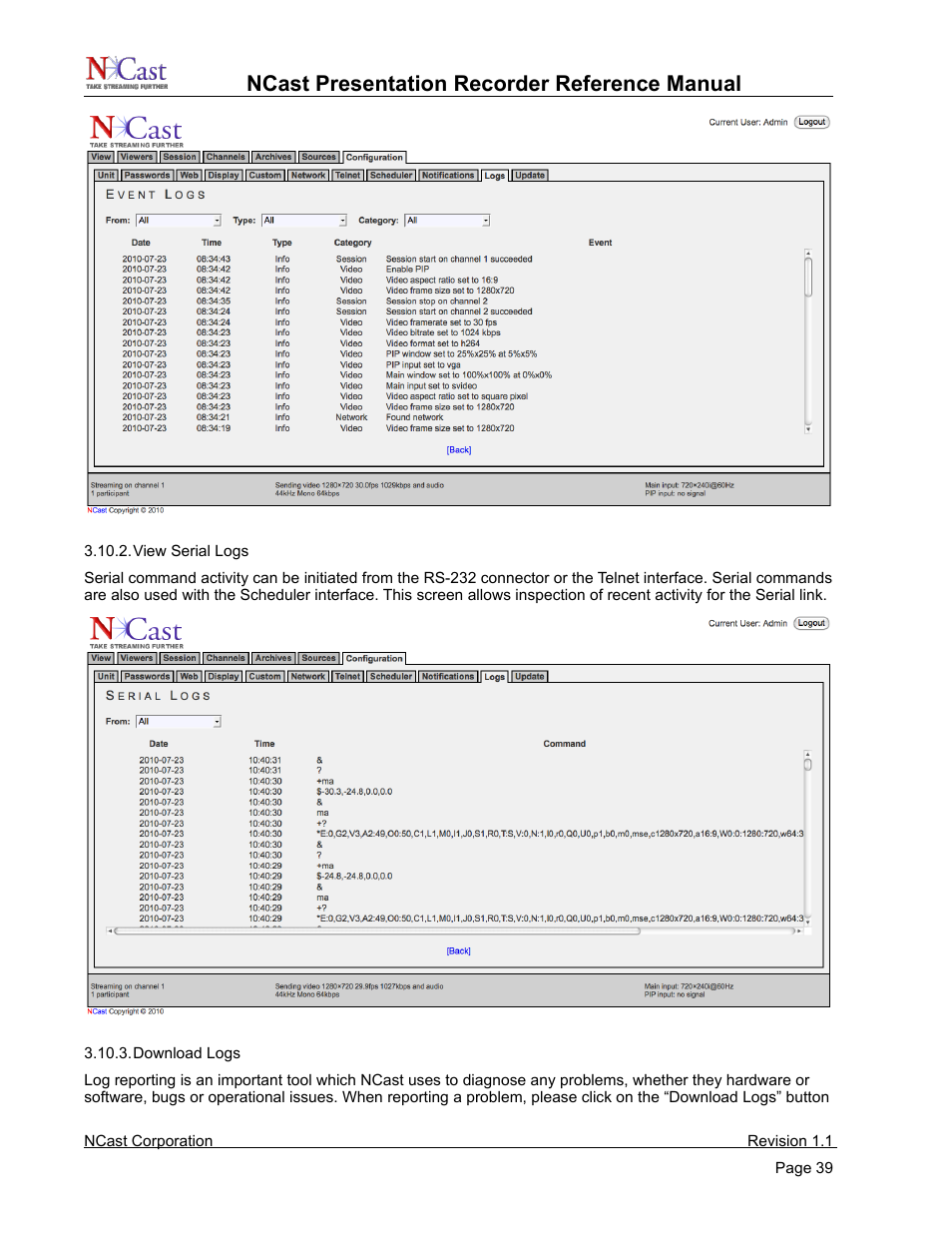 Ncast presentation recorder reference manual | NCast PR720 User Manual | Page 39 / 103