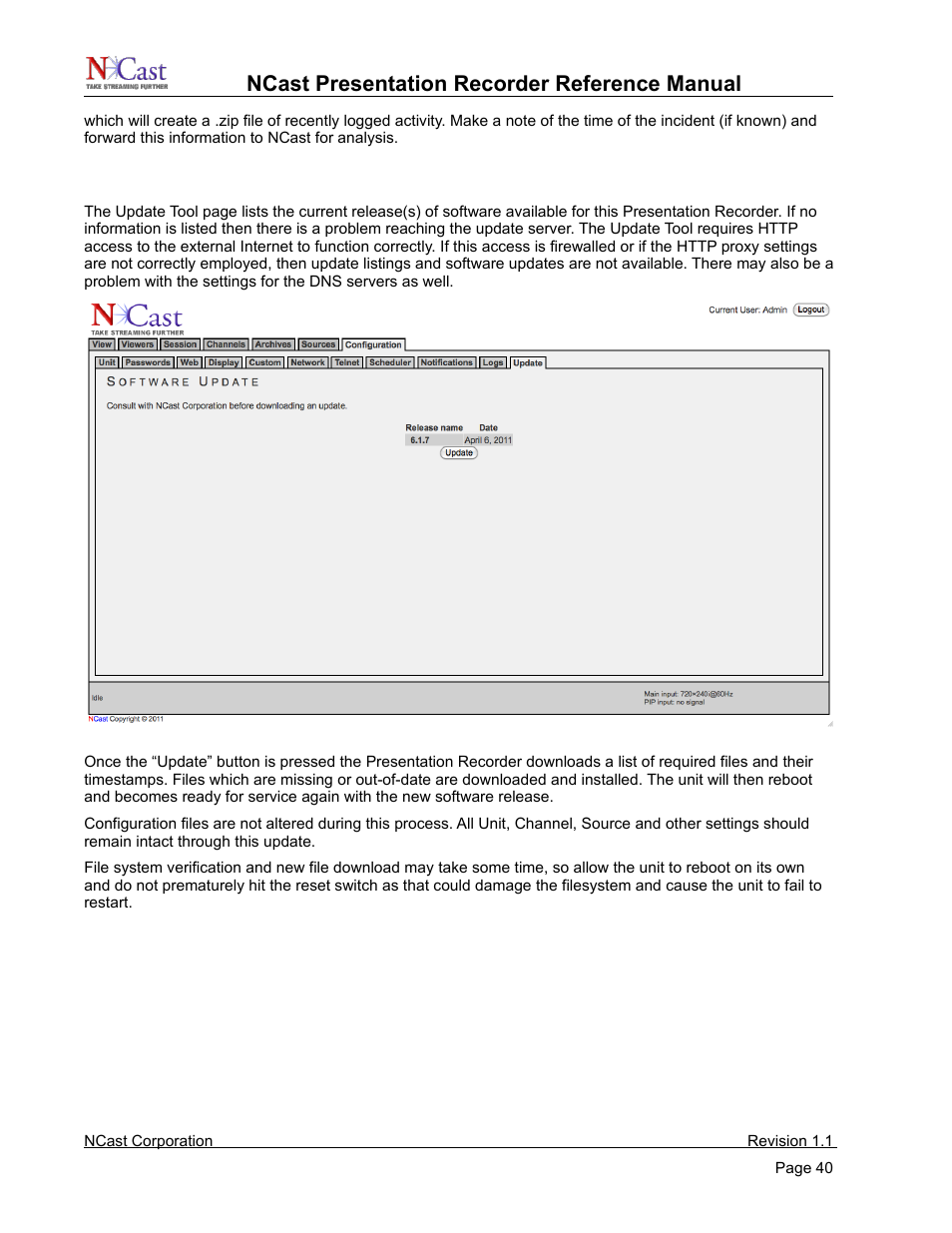 Update tool, Ncast presentation recorder reference manual | NCast PR720 User Manual | Page 40 / 103