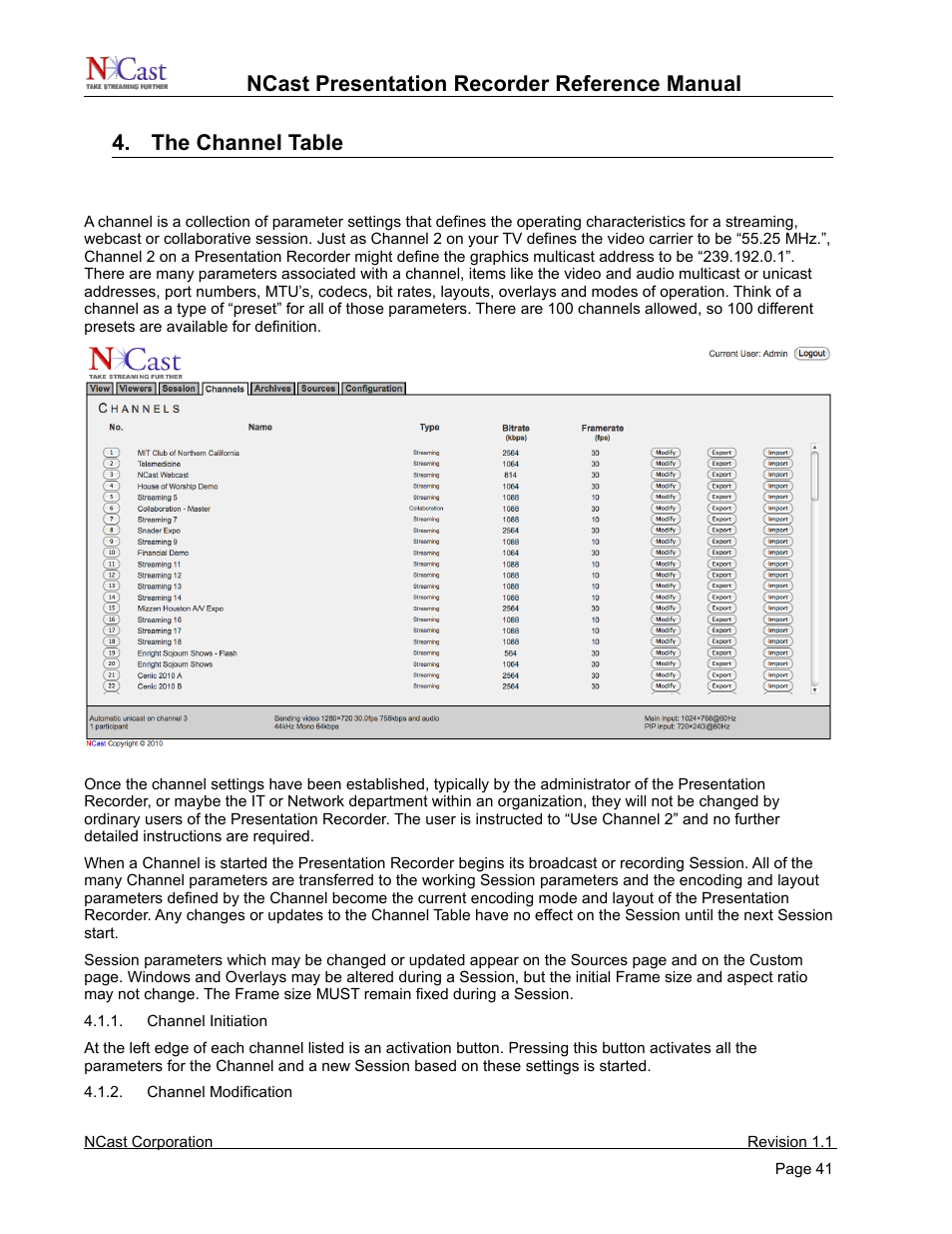 The channel table, Channel settings | NCast PR720 User Manual | Page 41 / 103