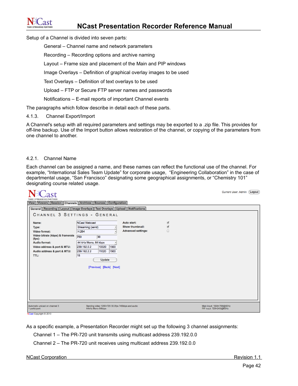 Channel settings - general, Ncast presentation recorder reference manual | NCast PR720 User Manual | Page 42 / 103