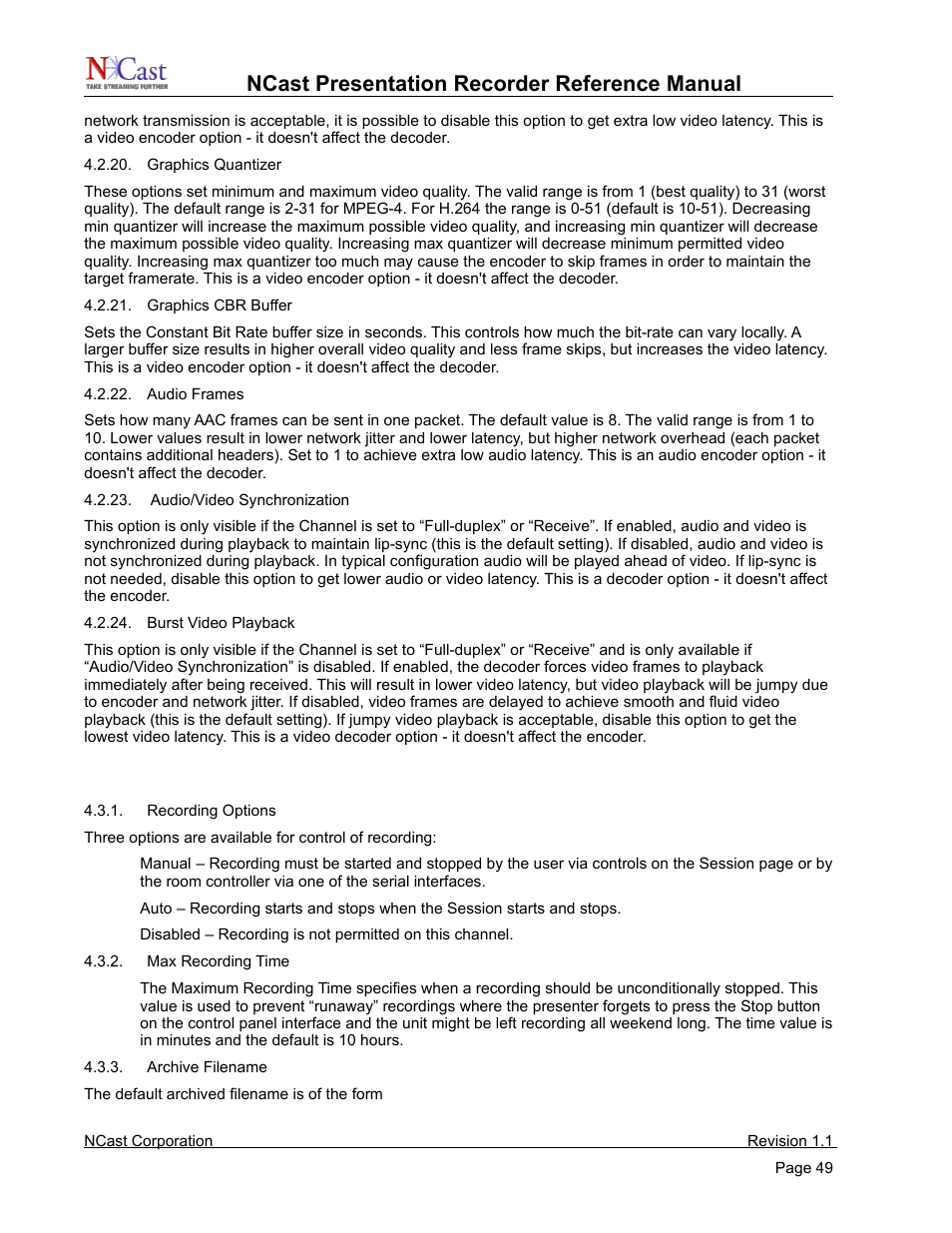 Channel settings - recording, Ncast presentation recorder reference manual | NCast PR720 User Manual | Page 49 / 103