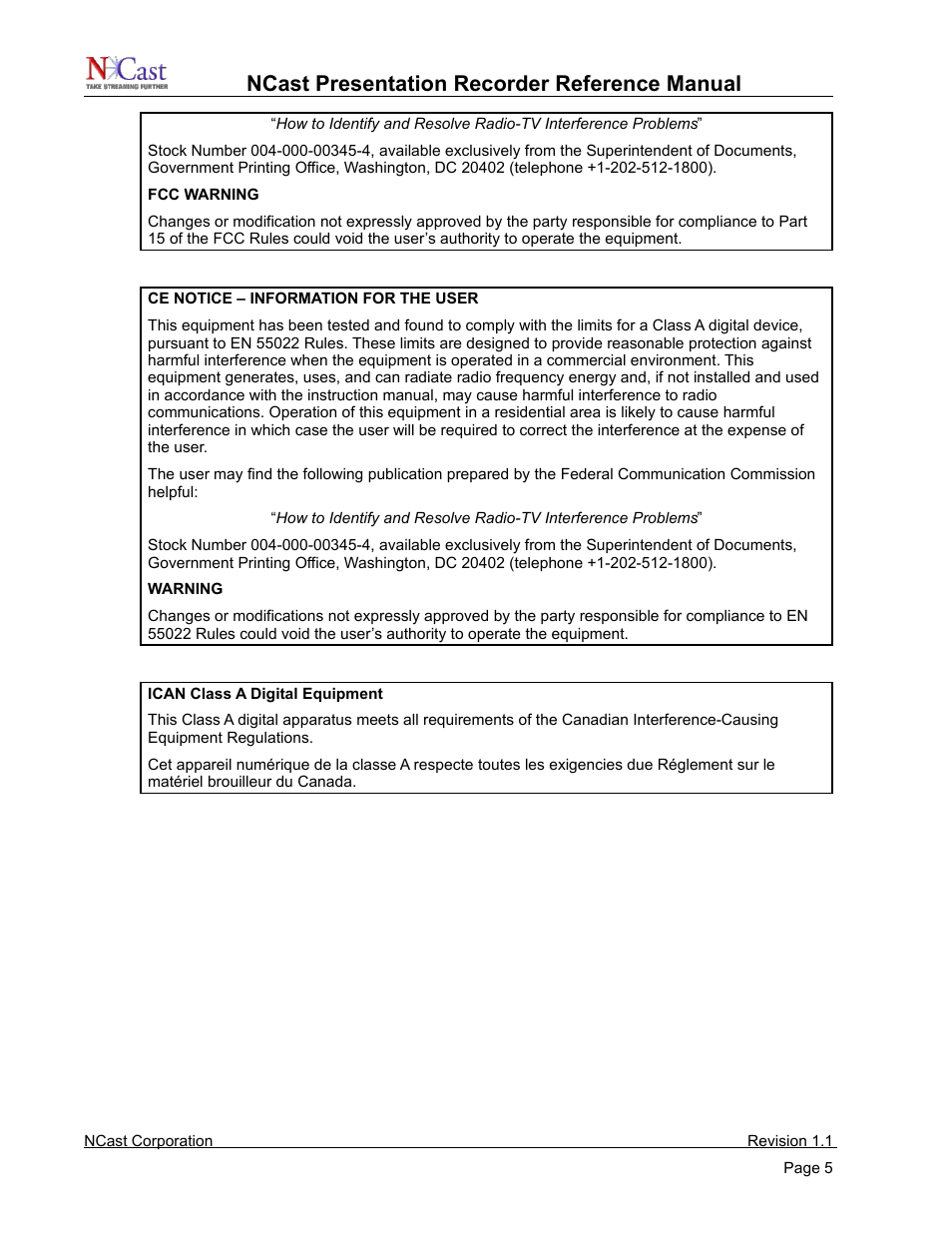 Ncast presentation recorder reference manual | NCast PR720 User Manual | Page 5 / 103