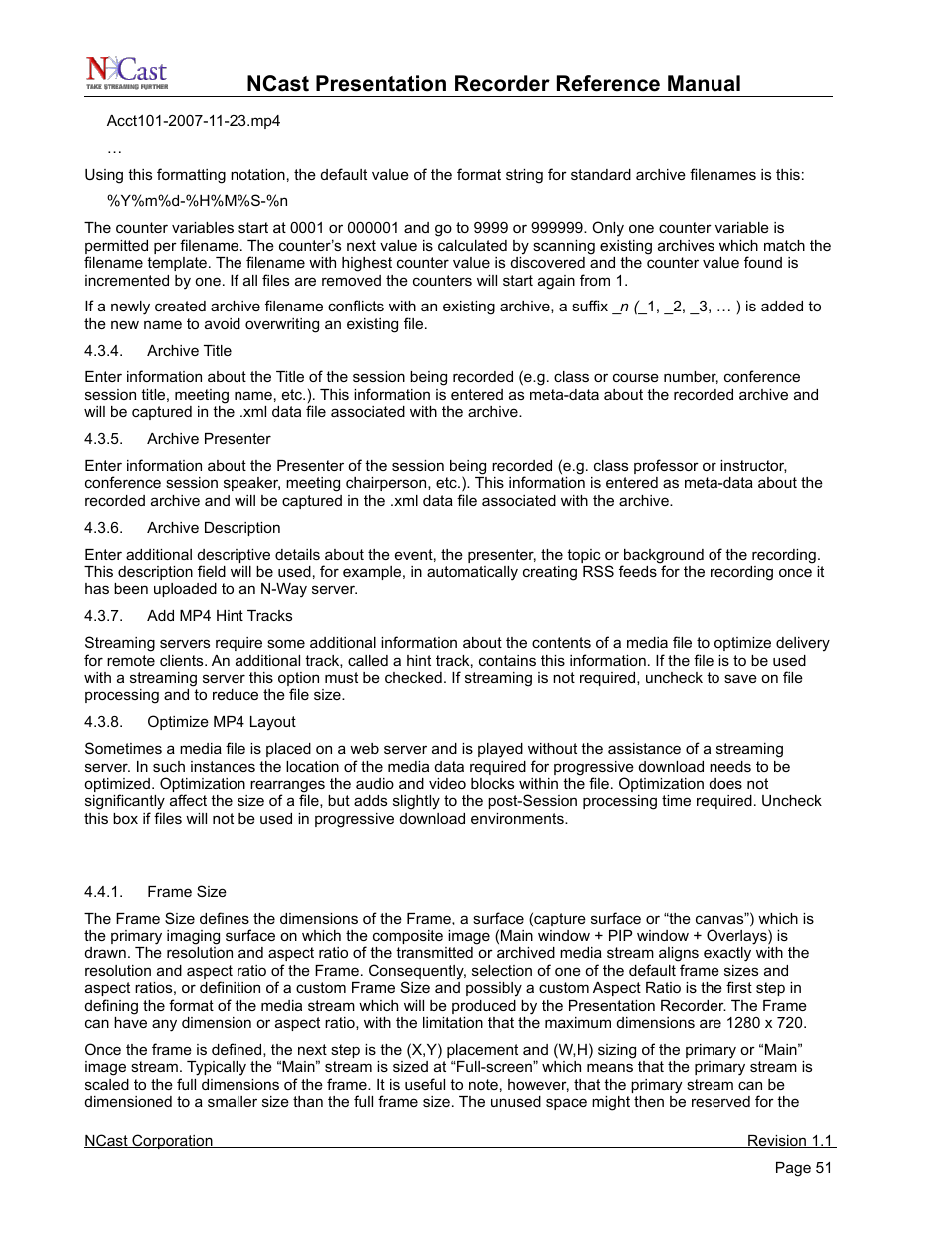 Channel settings - layout, Ncast presentation recorder reference manual | NCast PR720 User Manual | Page 51 / 103