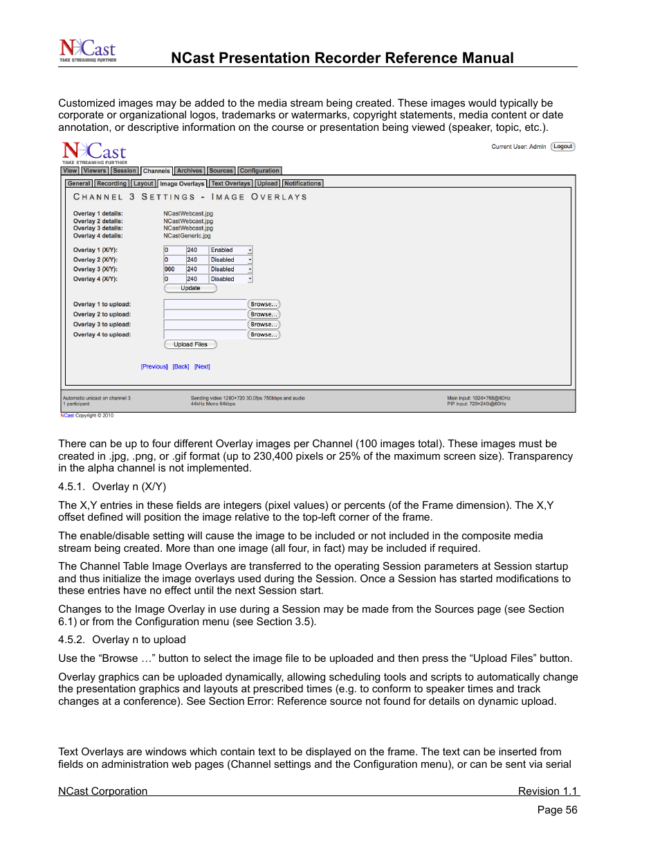 Channel settings – image overlays, Channel settings – text overlays, Ncast presentation recorder reference manual | NCast PR720 User Manual | Page 56 / 103