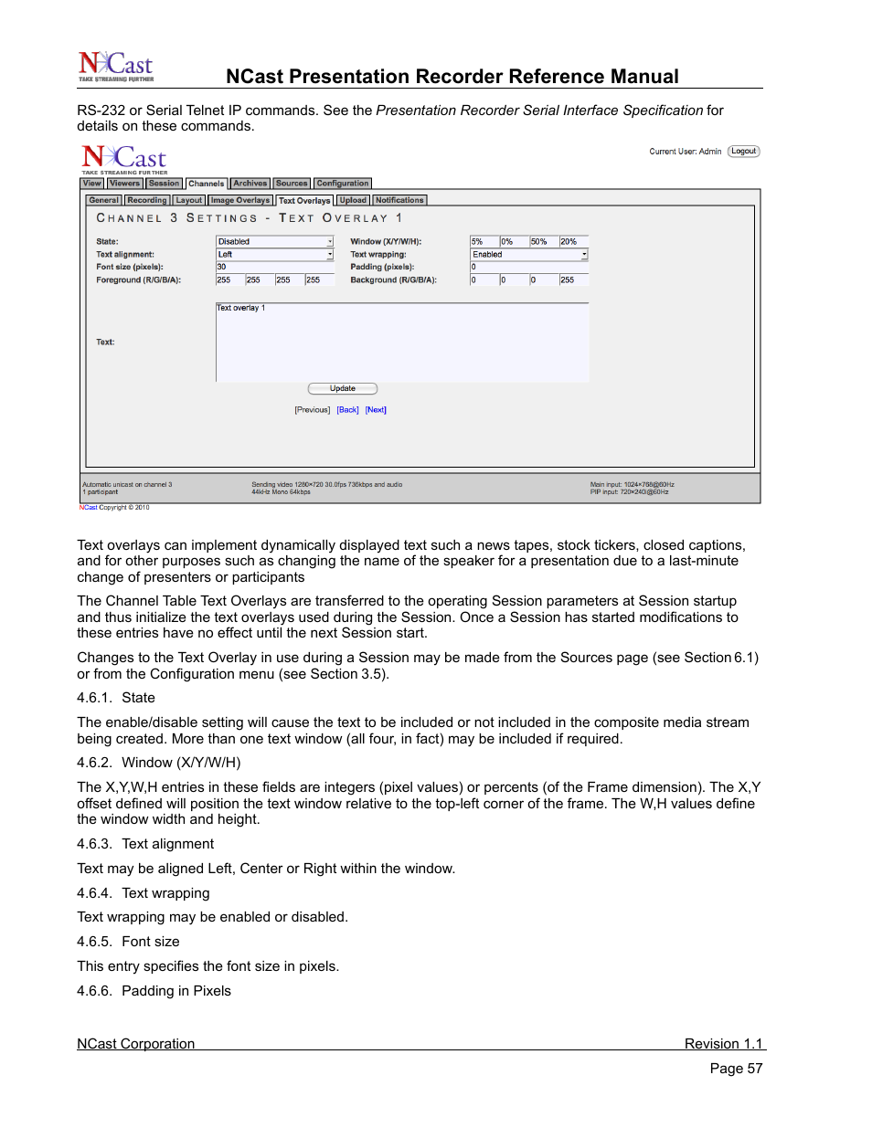 Ncast presentation recorder reference manual | NCast PR720 User Manual | Page 57 / 103