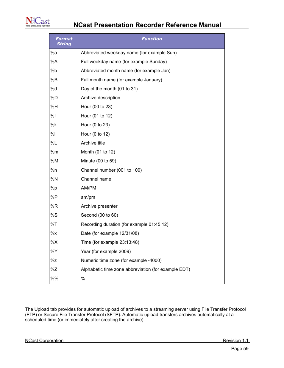 Channel settings – upload, Ncast presentation recorder reference manual | NCast PR720 User Manual | Page 59 / 103