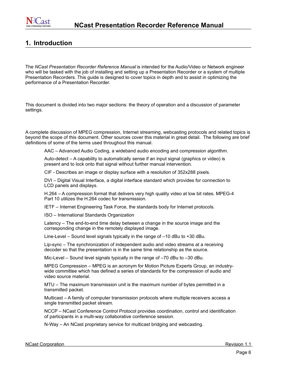 Introduction, Purpose, Document overview | Terms and definitions | NCast PR720 User Manual | Page 6 / 103