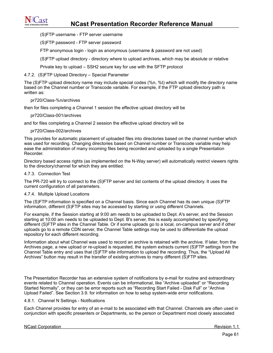 Channel settings – notifications, Ncast presentation recorder reference manual | NCast PR720 User Manual | Page 61 / 103