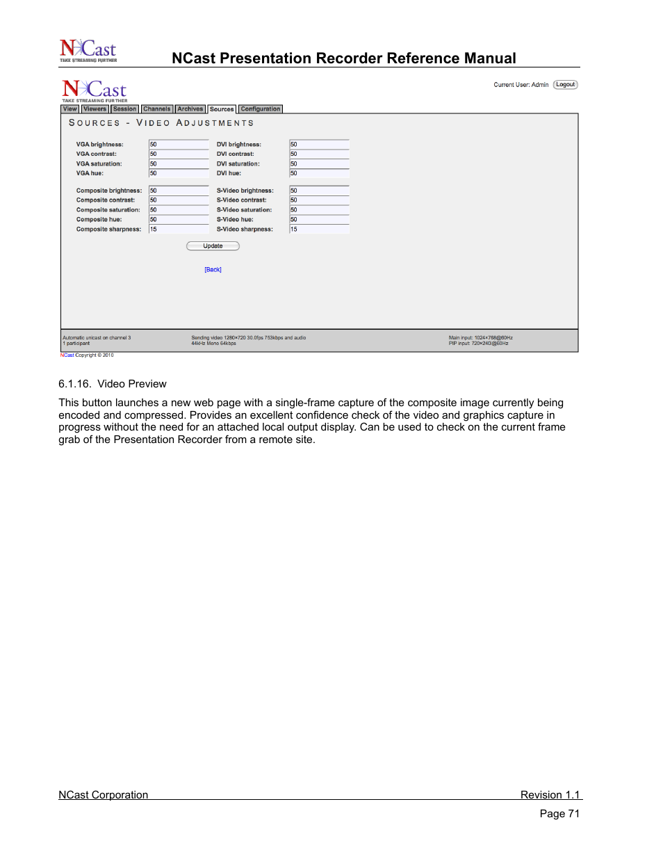 Ncast presentation recorder reference manual | NCast PR720 User Manual | Page 71 / 103