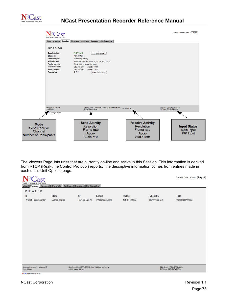 Ncast presentation recorder reference manual | NCast PR720 User Manual | Page 73 / 103