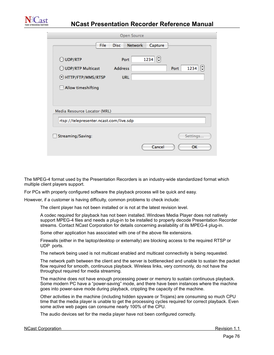 Media players, Ncast presentation recorder reference manual | NCast PR720 User Manual | Page 76 / 103