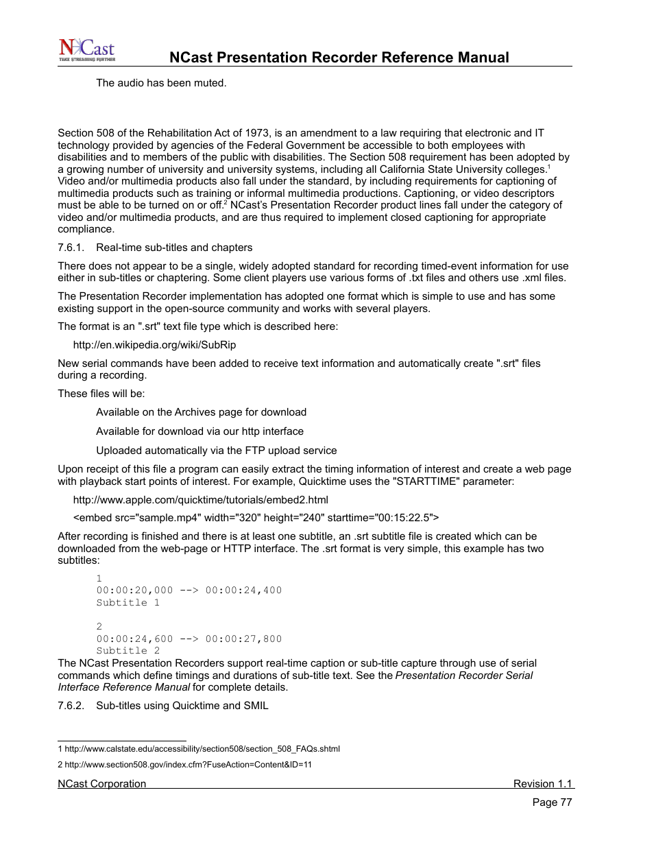 Closed-caption support, Ncast presentation recorder reference manual | NCast PR720 User Manual | Page 77 / 103