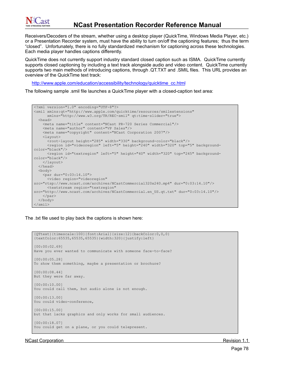 Ncast presentation recorder reference manual | NCast PR720 User Manual | Page 78 / 103