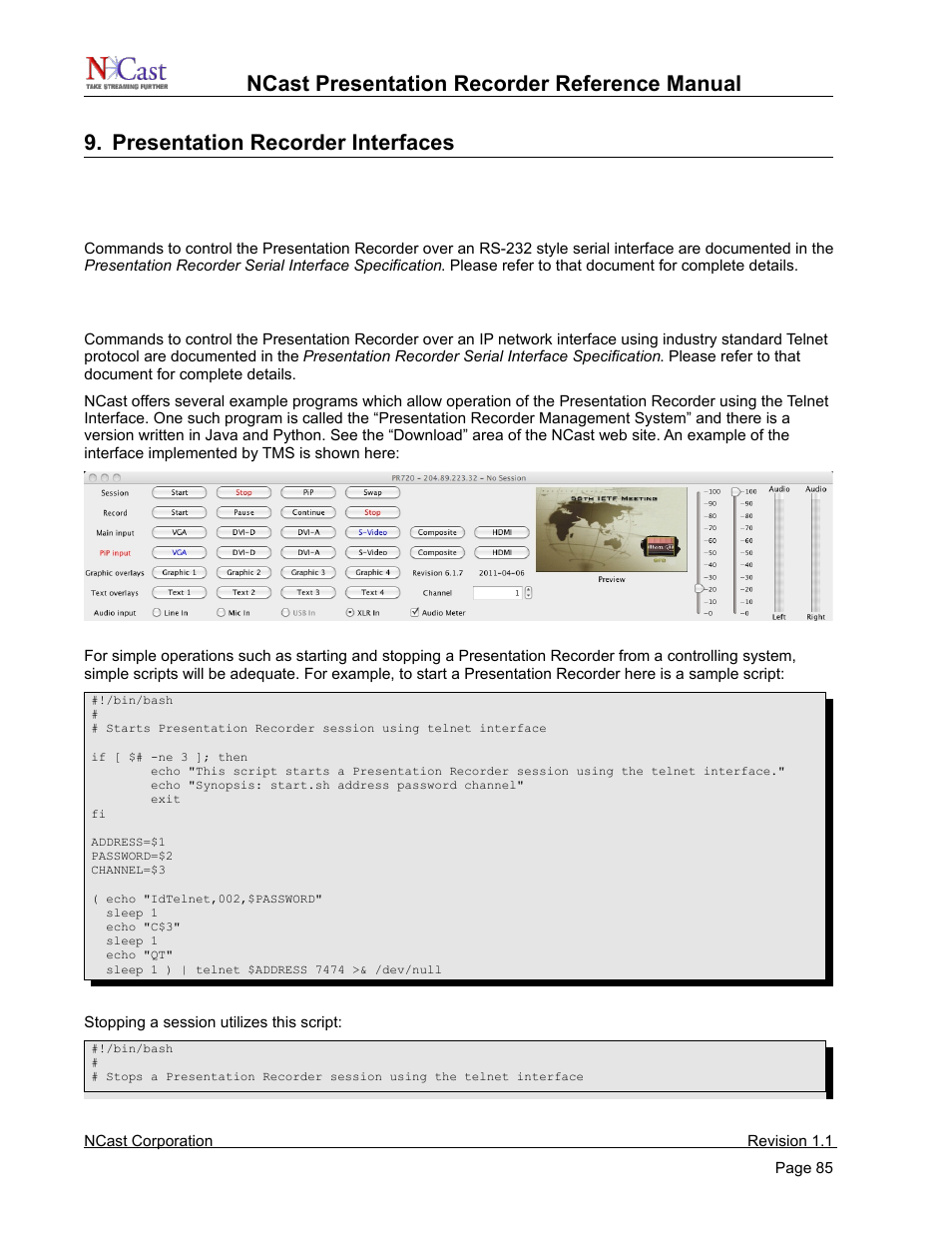 Presentation recorder interfaces, Serial interface, Telnet interface | NCast PR720 User Manual | Page 85 / 103