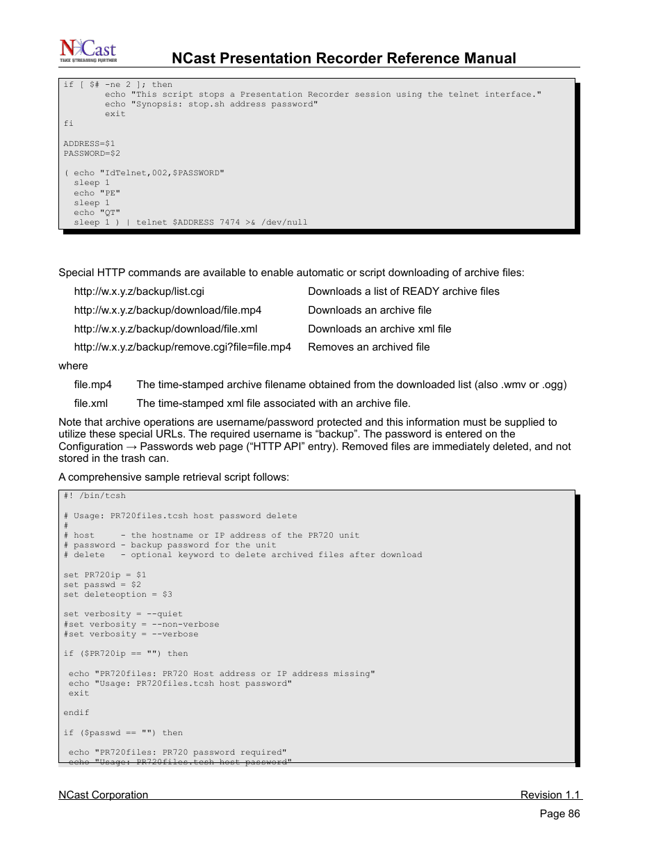Http interface – archive download, Ncast presentation recorder reference manual | NCast PR720 User Manual | Page 86 / 103