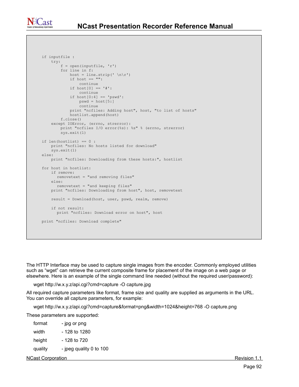 Http interface – image and thumbnail capture, Ncast presentation recorder reference manual | NCast PR720 User Manual | Page 92 / 103