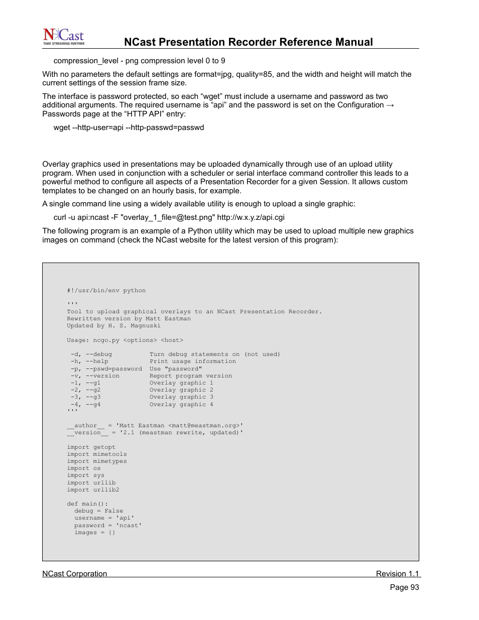 Http interface – graphics overlay upload, Ncast presentation recorder reference manual | NCast PR720 User Manual | Page 93 / 103