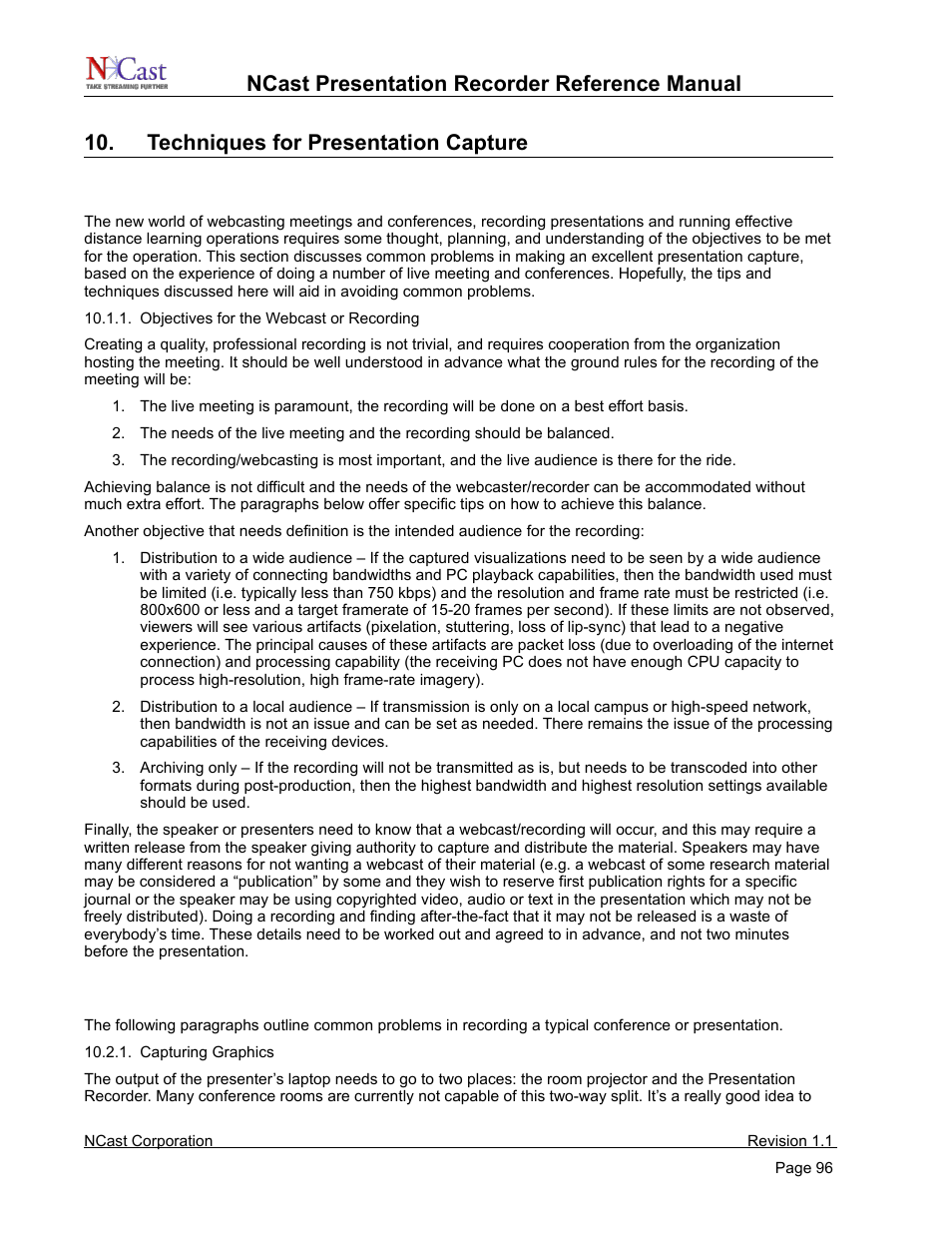 Techniques for presentation capture, Webcasting, podcasting and archiving, Capturing graphics, video and audio | NCast PR720 User Manual | Page 96 / 103