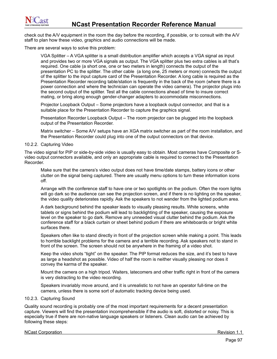 Ncast presentation recorder reference manual | NCast PR720 User Manual | Page 97 / 103