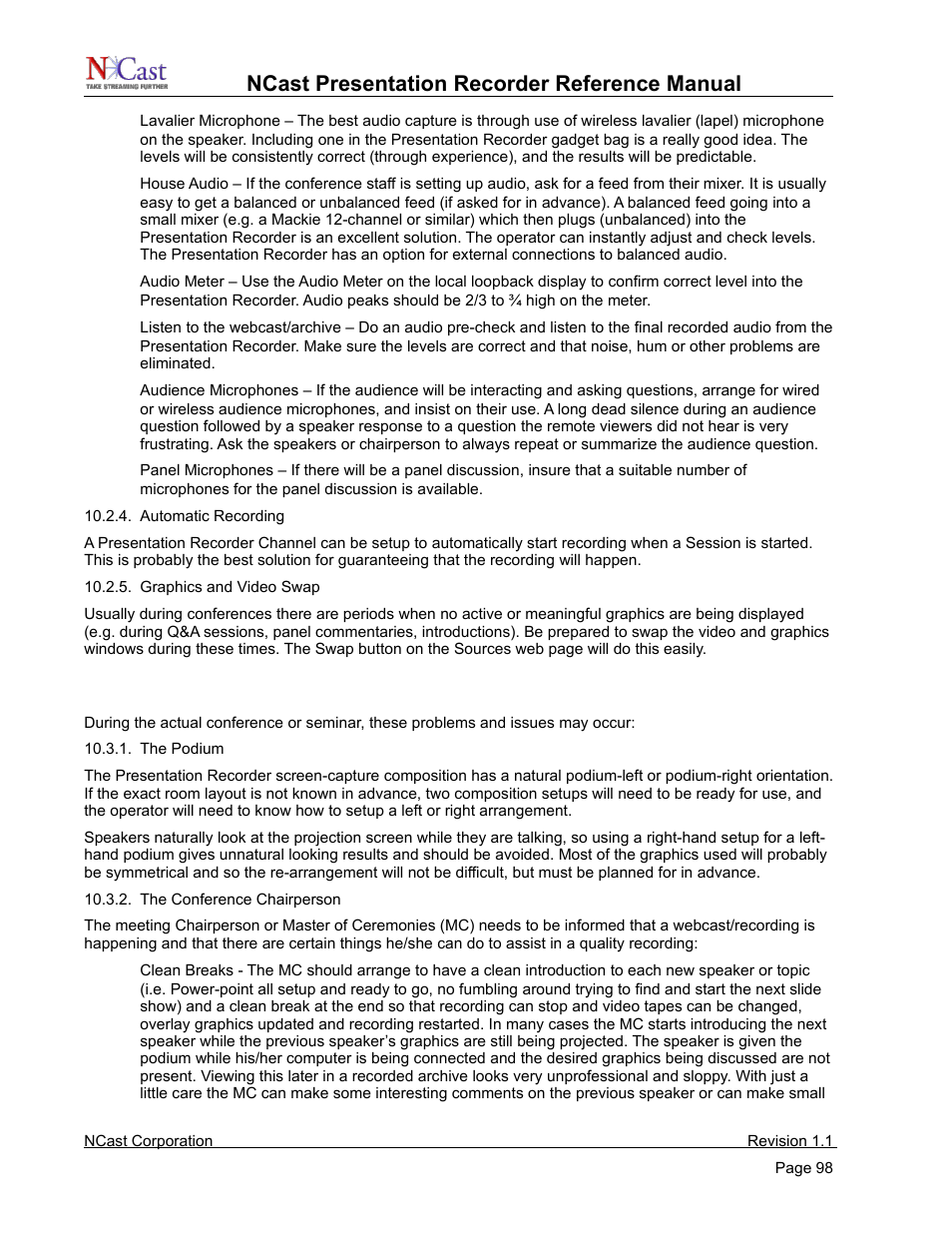 Conference day problems and issues, Ncast presentation recorder reference manual | NCast PR720 User Manual | Page 98 / 103