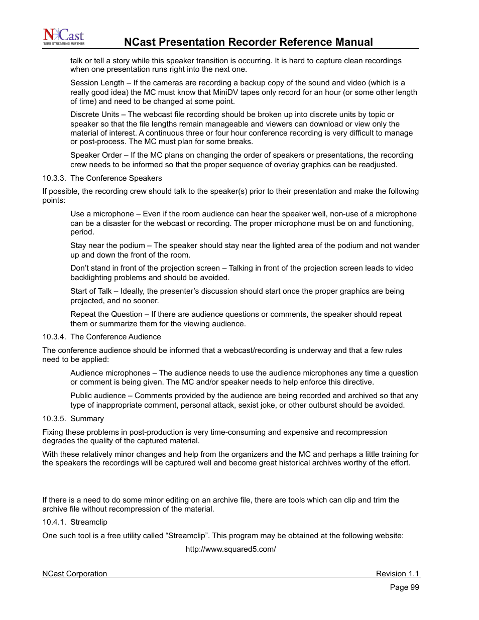 Video post-production, Ncast presentation recorder reference manual | NCast PR720 User Manual | Page 99 / 103