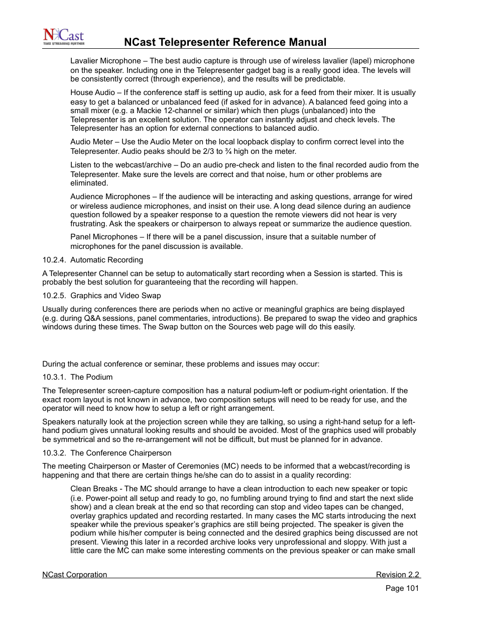 Conference day problems and issues, Ncast telepresenter reference manual | NCast Telepresenter M4 User Manual | Page 101 / 107