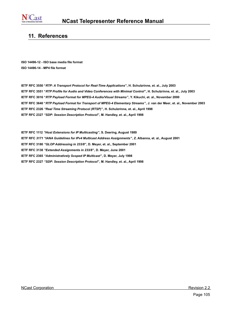 References, Mpeg compression, Packet transmission | Multicast, Mpeg c | NCast Telepresenter M4 User Manual | Page 105 / 107