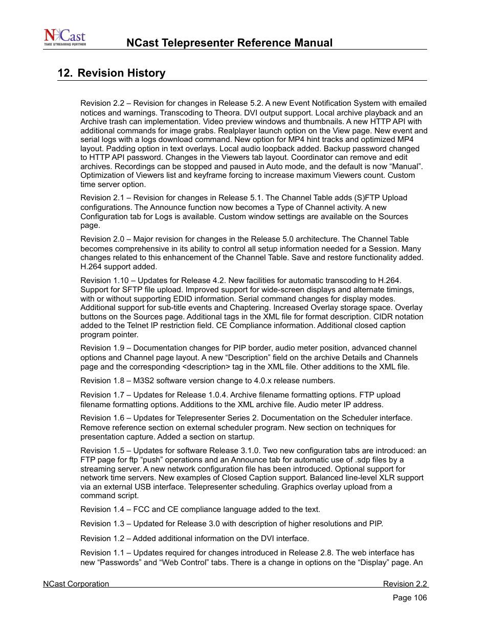 Revision history | NCast Telepresenter M4 User Manual | Page 106 / 107