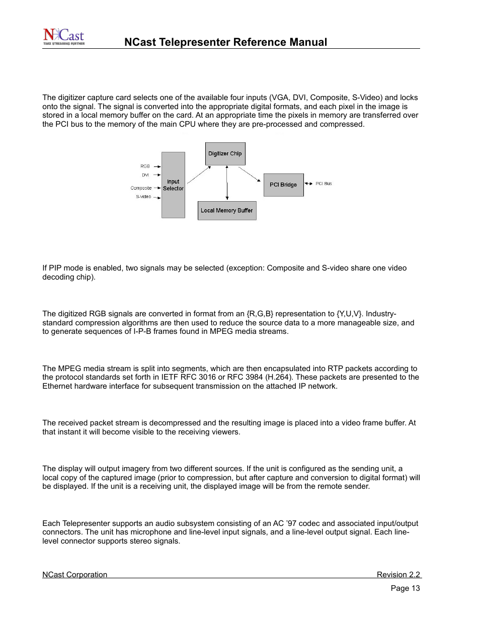 Digitizer capture function, Compression, Transmission | Decompression, Display function, Audio subsystem, Ncast telepresenter reference manual | NCast Telepresenter M4 User Manual | Page 13 / 107