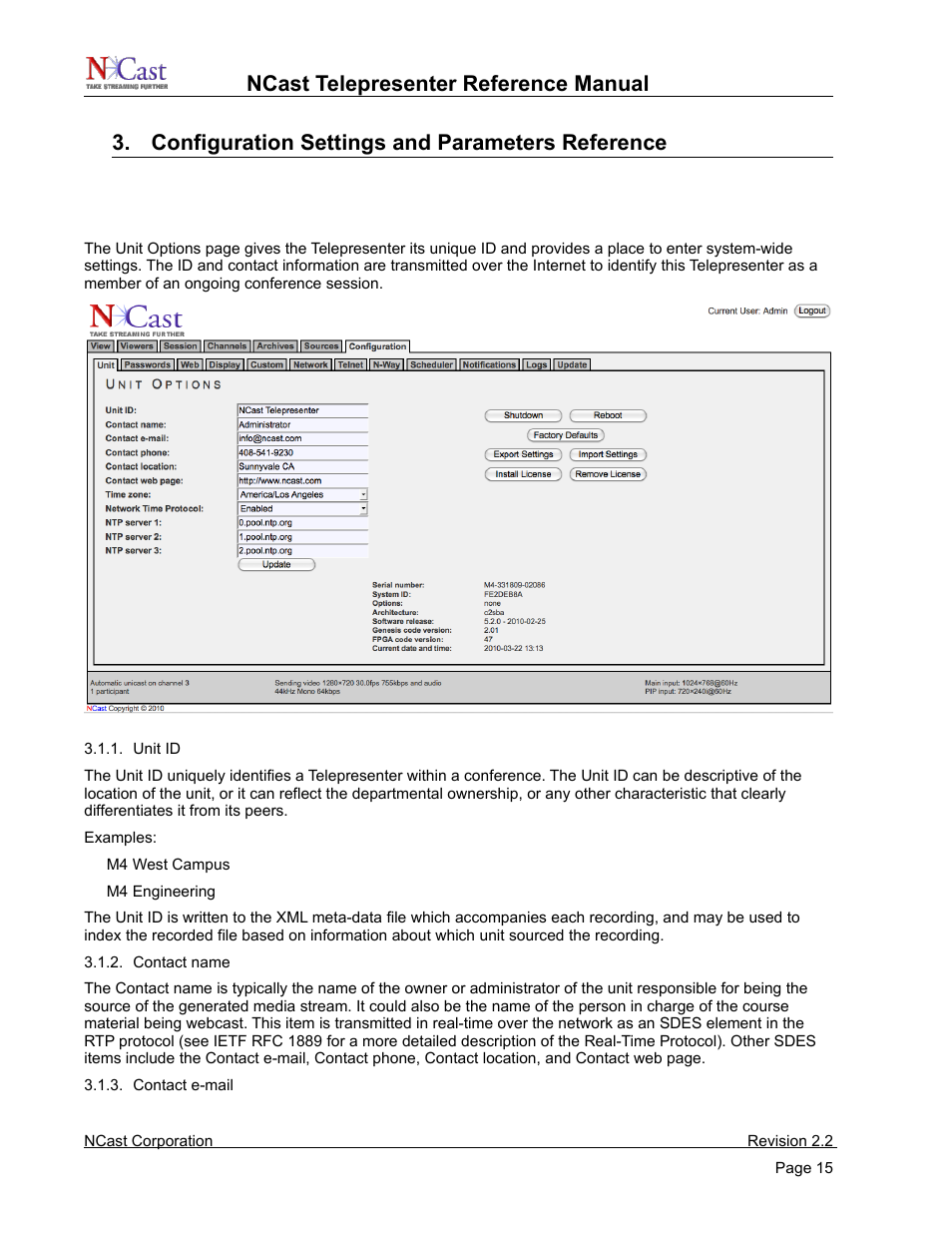 Configuration settings and parameters reference, Unit options settings | NCast Telepresenter M4 User Manual | Page 15 / 107