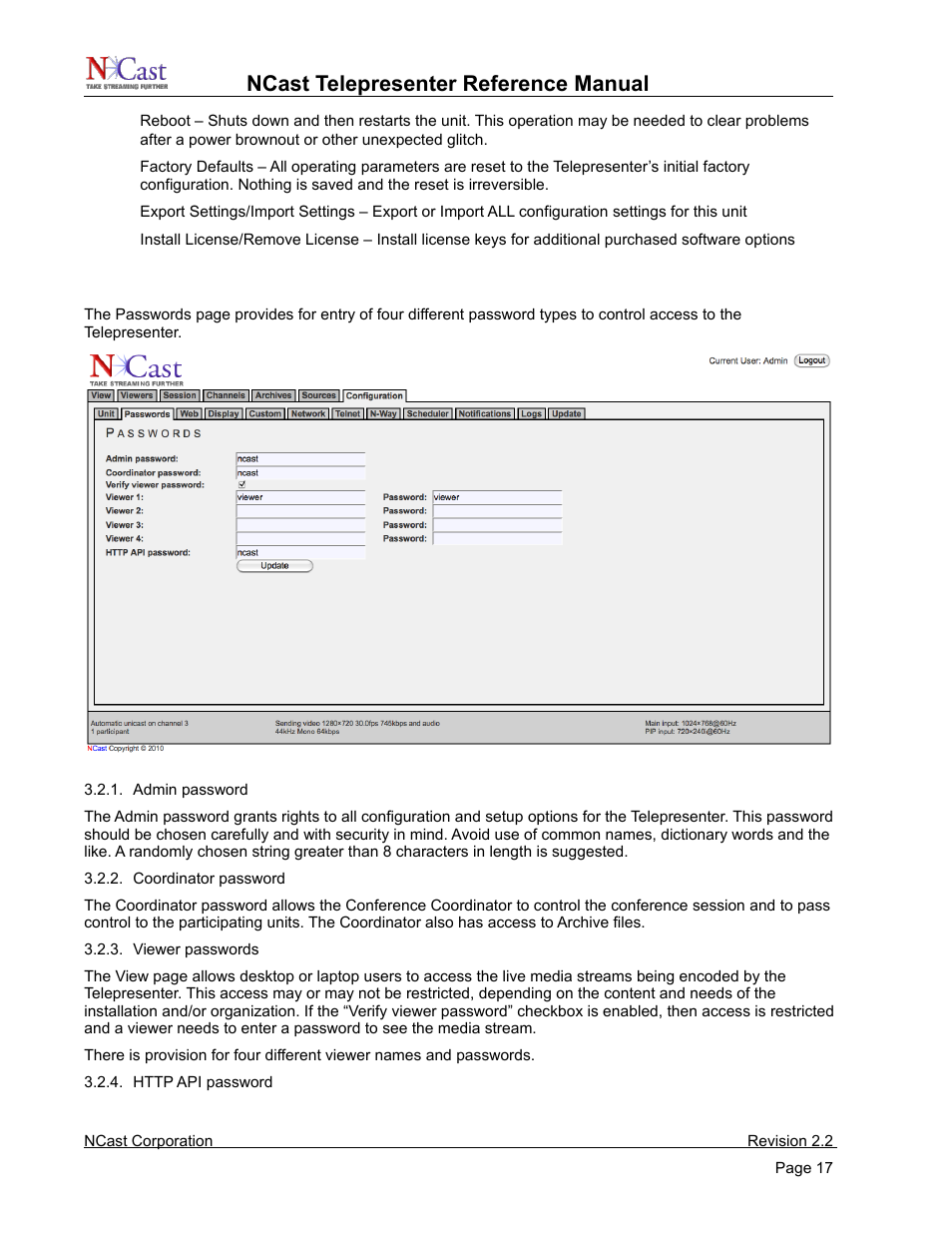 Passwords, Ncast telepresenter reference manual | NCast Telepresenter M4 User Manual | Page 17 / 107