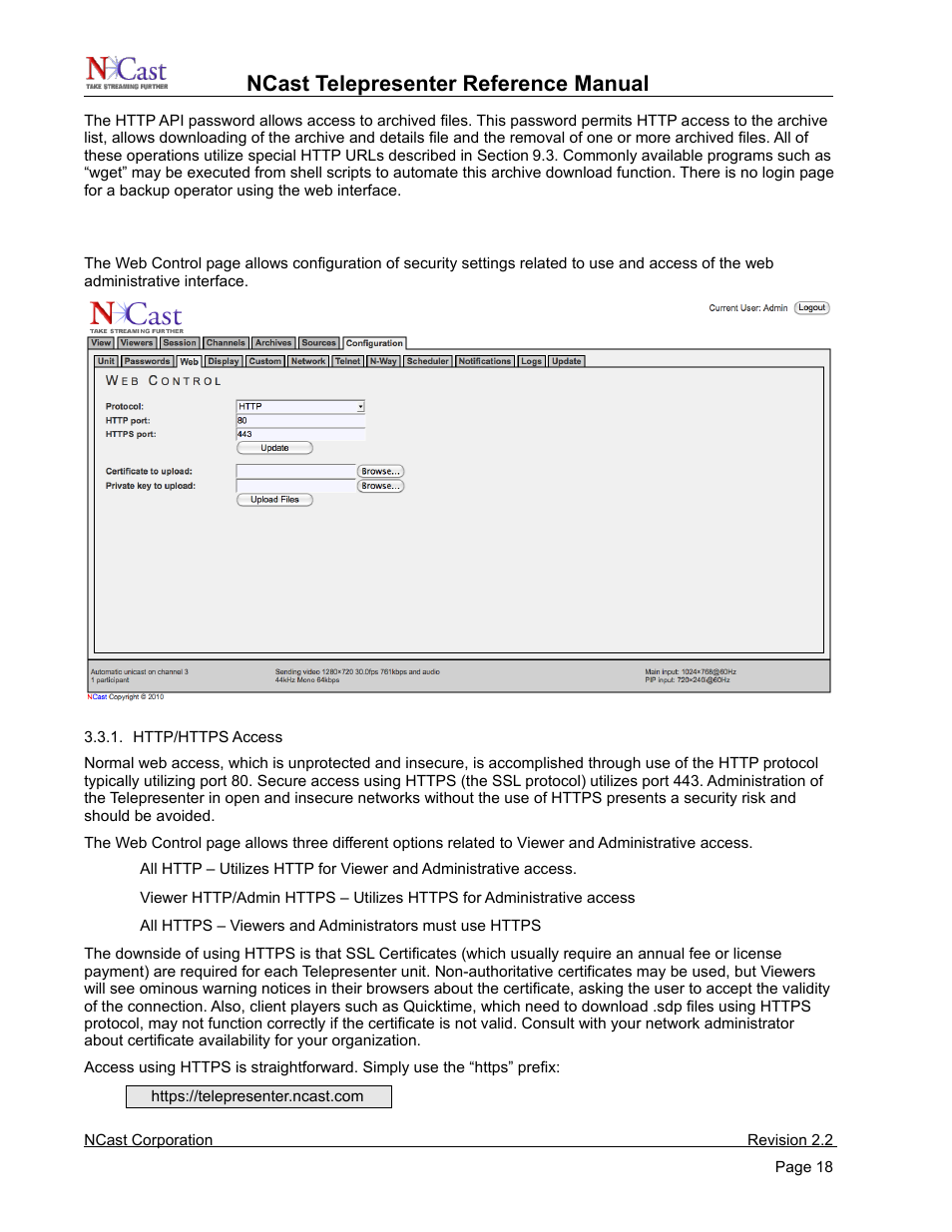 Web control, Ncast telepresenter reference manual | NCast Telepresenter M4 User Manual | Page 18 / 107