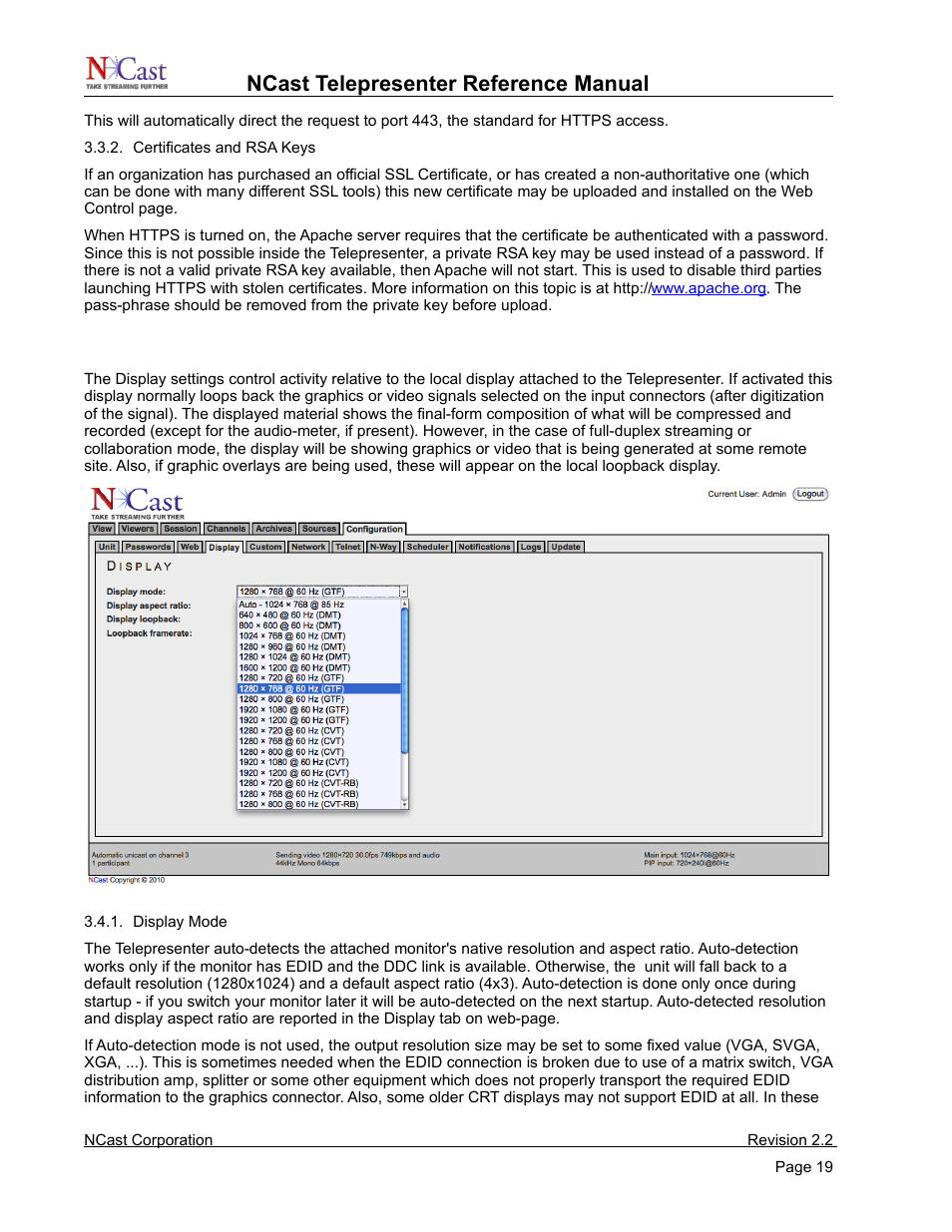 Display settings, Ncast telepresenter reference manual | NCast Telepresenter M4 User Manual | Page 19 / 107