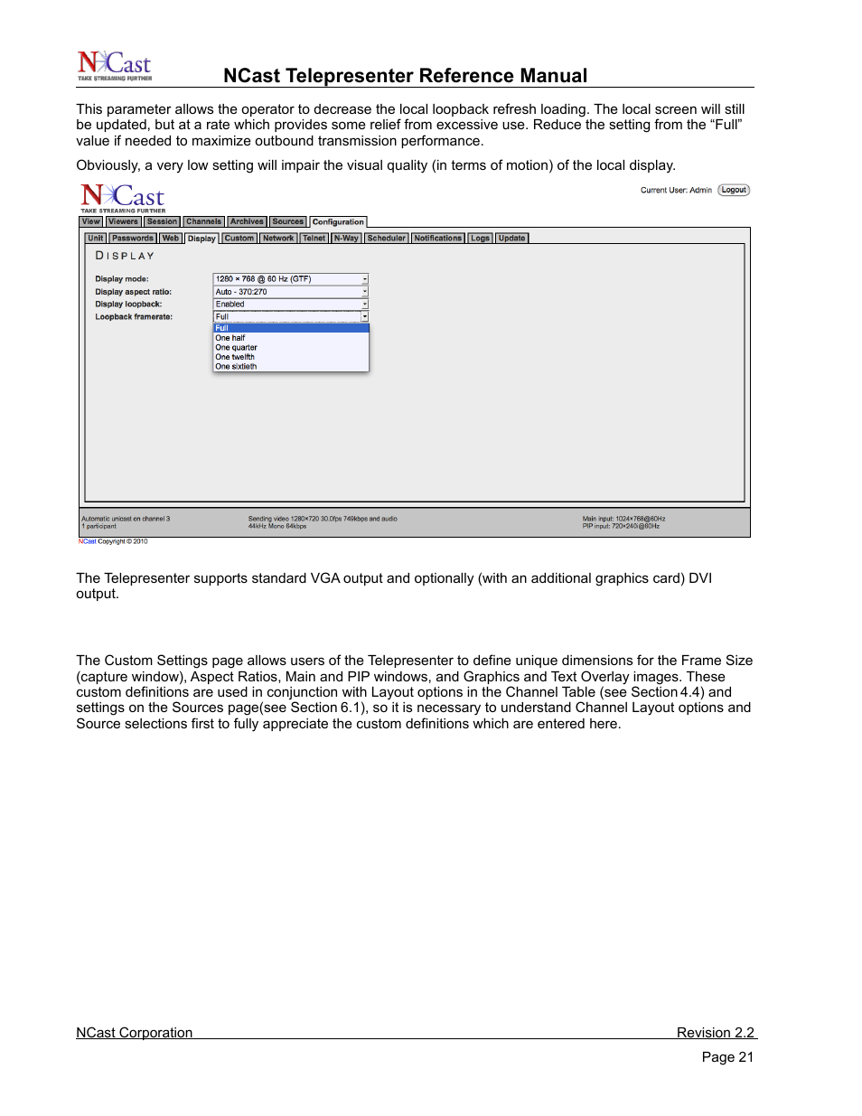 Custom settings, Ncast telepresenter reference manual | NCast Telepresenter M4 User Manual | Page 21 / 107