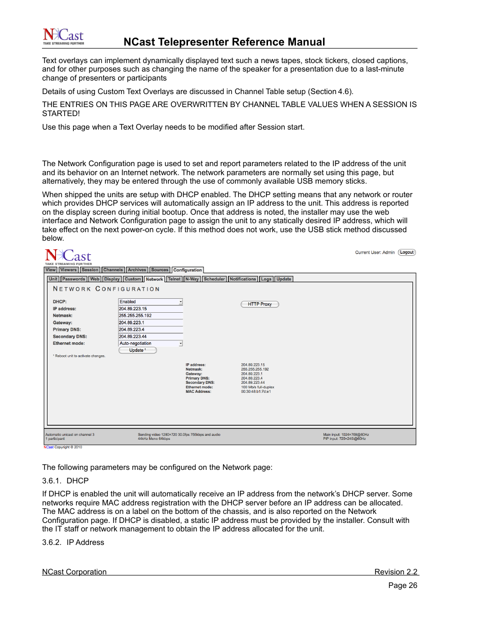 Network settings, Ncast telepresenter reference manual | NCast Telepresenter M4 User Manual | Page 26 / 107