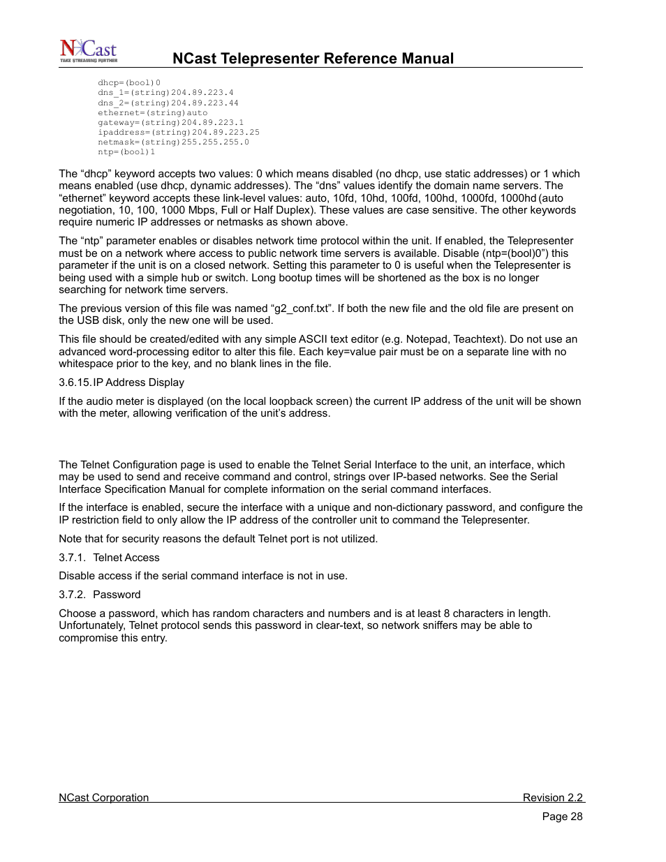Telnet settings, Ncast telepresenter reference manual | NCast Telepresenter M4 User Manual | Page 28 / 107