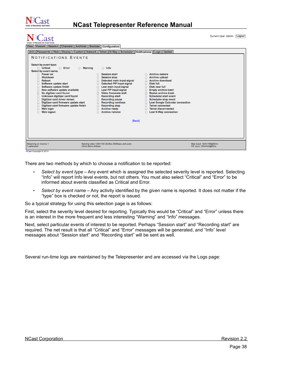 Logs, Ncast telepresenter reference manual | NCast Telepresenter M4 User Manual | Page 38 / 107