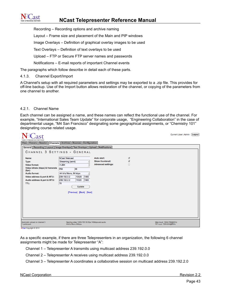 Channel settings - general, Ncast telepresenter reference manual | NCast Telepresenter M4 User Manual | Page 43 / 107