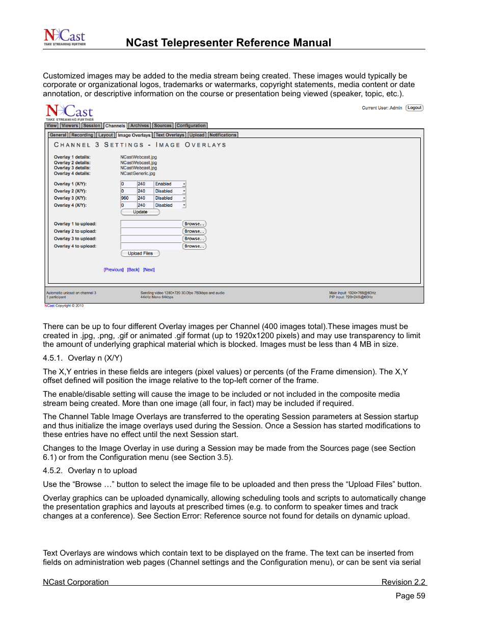 Channel settings – image overlays, Channel settings – text overlays, Ncast telepresenter reference manual | NCast Telepresenter M4 User Manual | Page 59 / 107