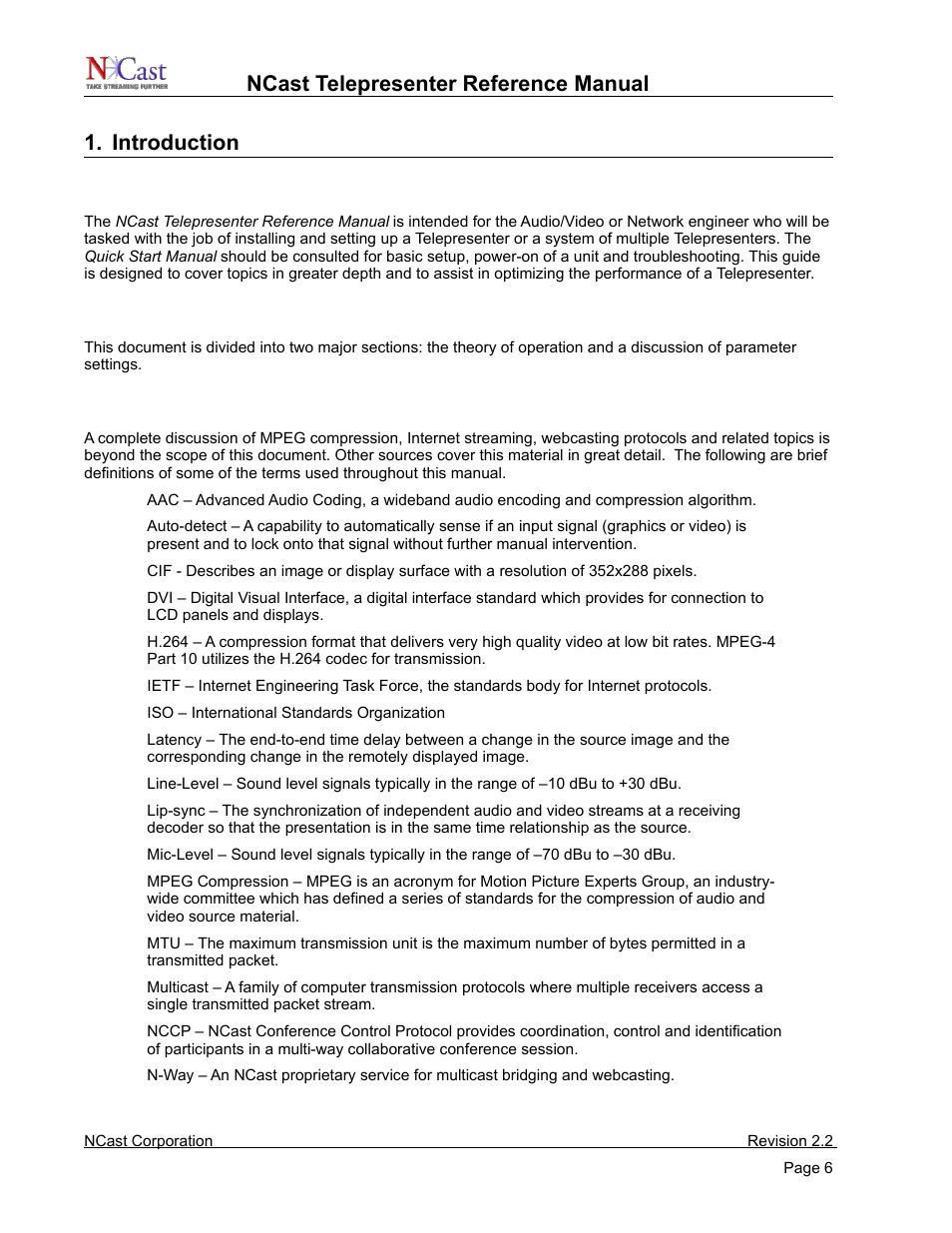 Introduction, Purpose, Document overview | Terms and definitions | NCast Telepresenter M4 User Manual | Page 6 / 107