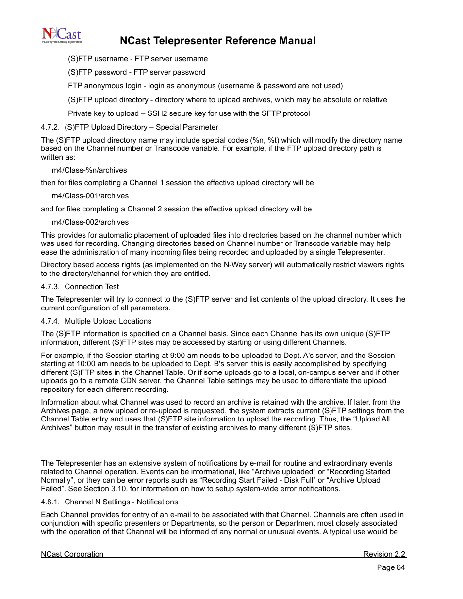 Channel settings – notifications, Ncast telepresenter reference manual | NCast Telepresenter M4 User Manual | Page 64 / 107