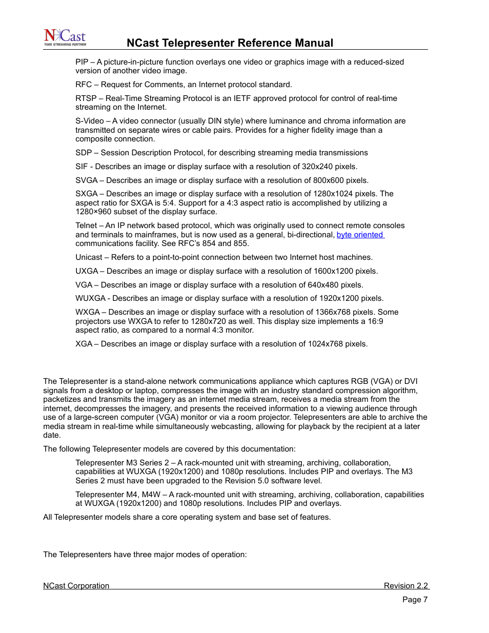 Telepresenter units, Telepresenter modes of operation, Ncast telepresenter reference manual | NCast Telepresenter M4 User Manual | Page 7 / 107