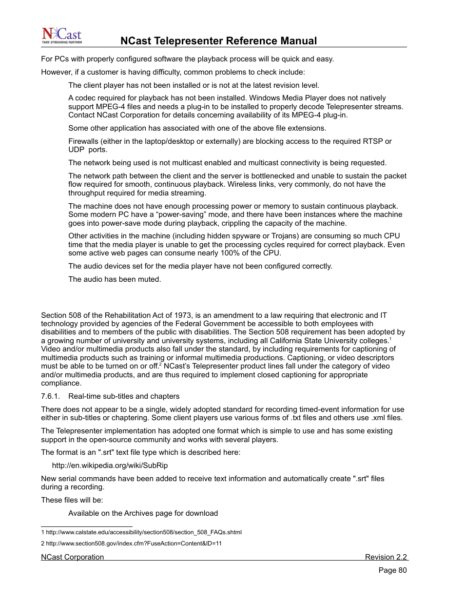 Closed-caption support, Ncast telepresenter reference manual | NCast Telepresenter M4 User Manual | Page 80 / 107