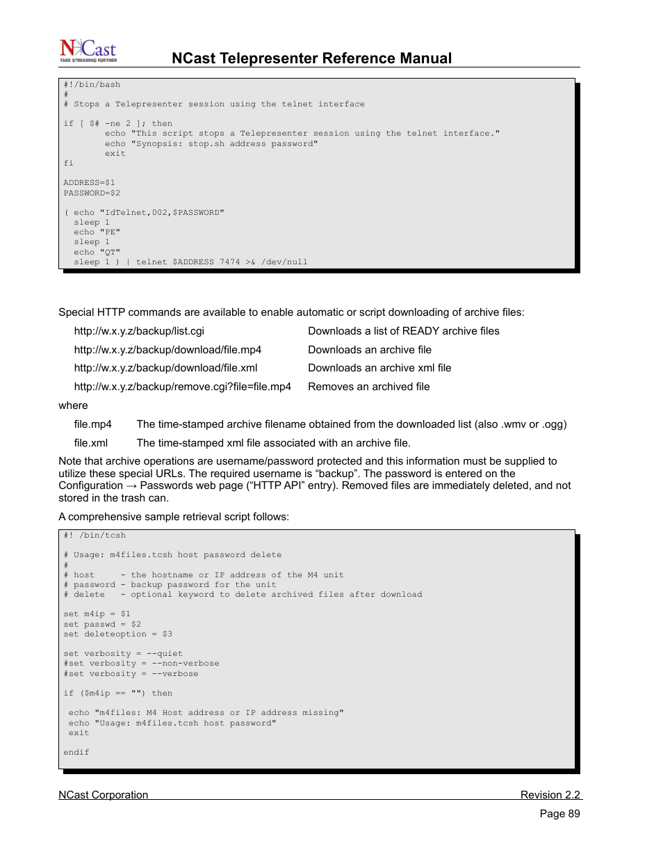 Http interface – archive download, Ncast telepresenter reference manual | NCast Telepresenter M4 User Manual | Page 89 / 107